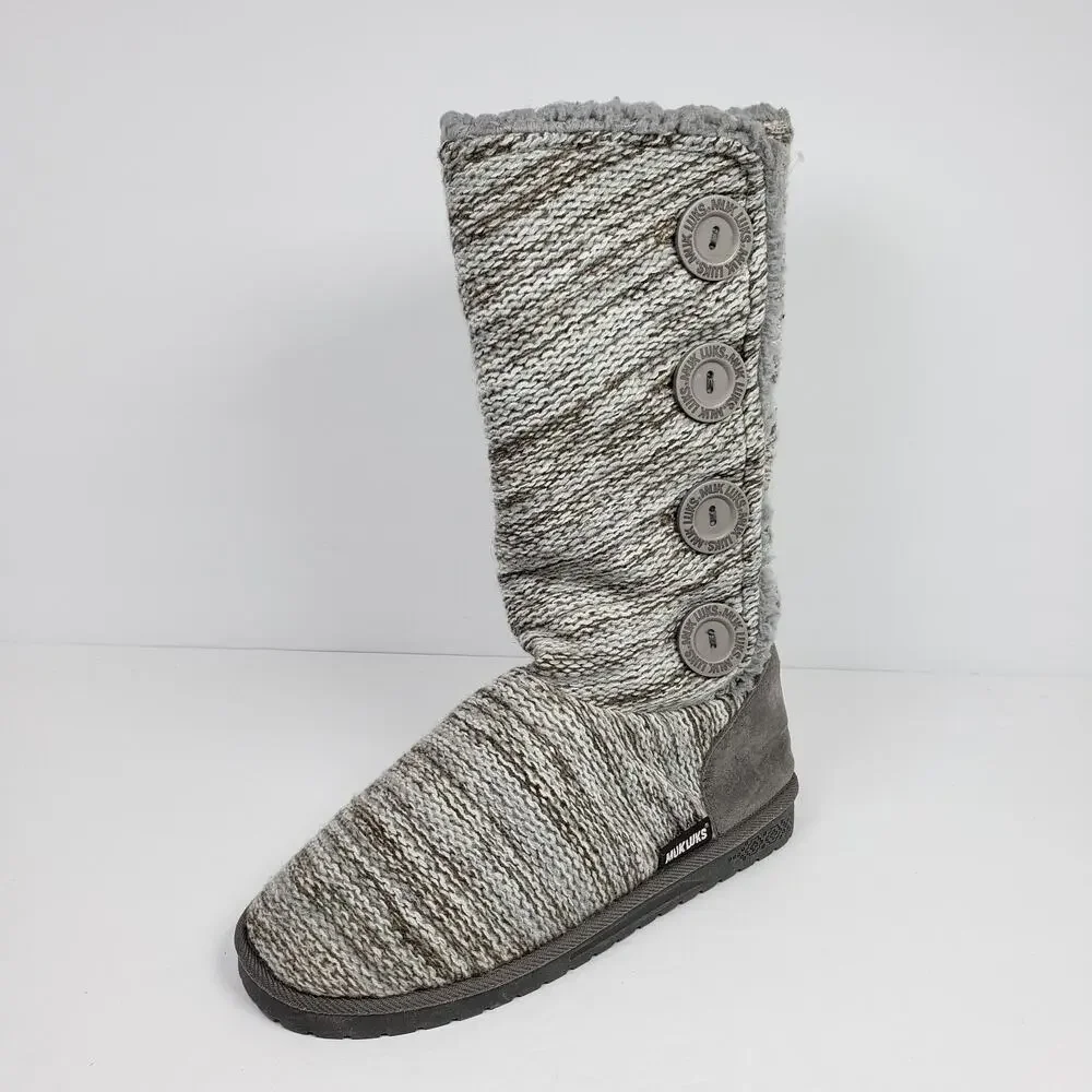 Muk Luks Liza Womens Size 9 Gray Knit Pull On Side Buttons Casual Slipper Boots